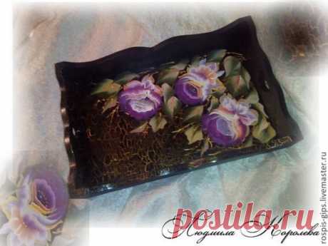 Купить Поднос Тагильские розы средний - черный, золотой, кракелюр, поднос, поднос для кухни