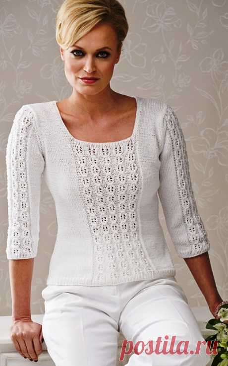 Белый пуловер спицами с ажурной вставкой+СХЕМА | Домоводство для всей семьи.