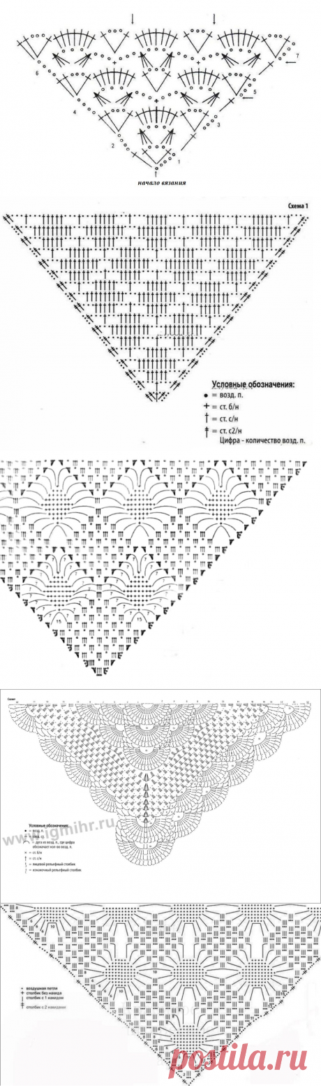 Крючком: 12 Схем для треугольных шалей | Вяжем с удовольствием | Дзен