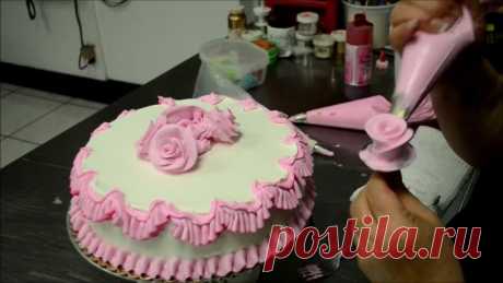 Chef Making a Pink Birthday Cake in Bakery