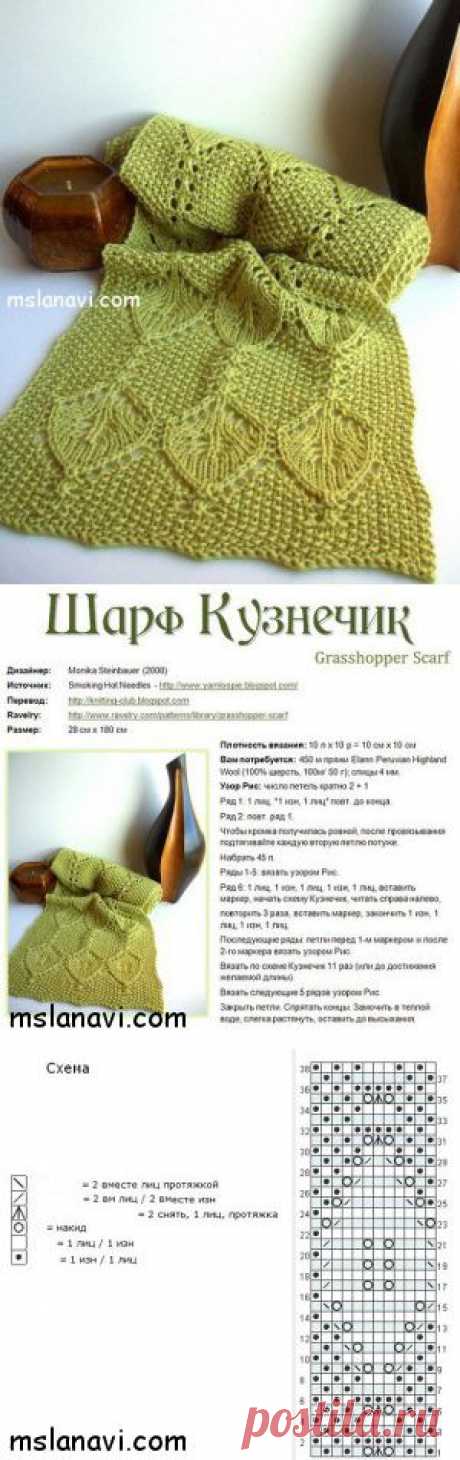 Зеленый ажурный шарф спицами | Вяжем с Ланой