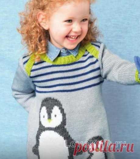 Полосатое детское платье с рисунком «пингвин» схема » Люблю Вязать