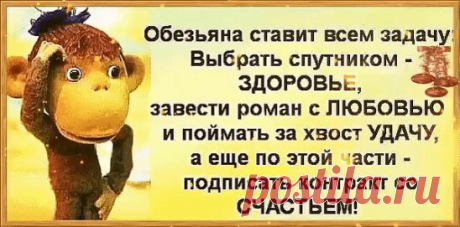 Встречаем год Огненной Обезьяны! 

Обезьяна ставит всем задачу: 
Выбрать спутником — Здоровье, 
Завести роман с Любовью, 
И поймать за хвост Удачу, 
А ещё по этой части — подписать контракт со Счастьем!