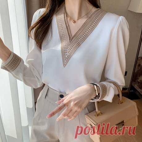 Блузка женская с длинным рукавом, белая шифоновая блузка с вышивкой и V-образным вырезом, рубашка, E226, 2021 | Женская одежда