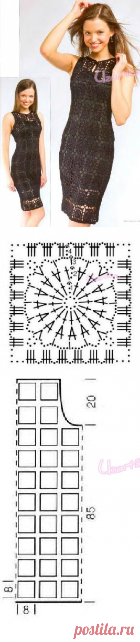 Черное платье из квадратных мотивов - Описание вязания, схемы вязания крючком и спицами | Узорчик.ру