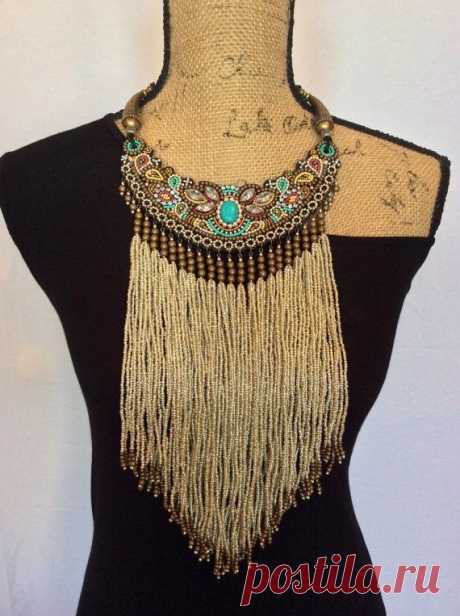 (63) Bead Embroidery Bib Necklace with Beaded Fringe, Tribal Necklace, Boho Necklace | Бахрома, Нагрудные Ожерелья и Вышивка