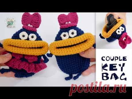 Crochet Key Holder Free Pattern | Crochet Little Monster Couple Key Case鉤針編織小眾創意香肠嘴汽車情侶鑰匙包，一份搞怪一份感動