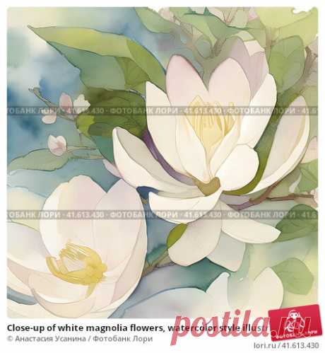 Close-up of white magnolia flowers, watercolor style illustration, generative AI. Редакционная иллюстрация, иллюстратор Анастасия Усанина / Фотобанк Лори