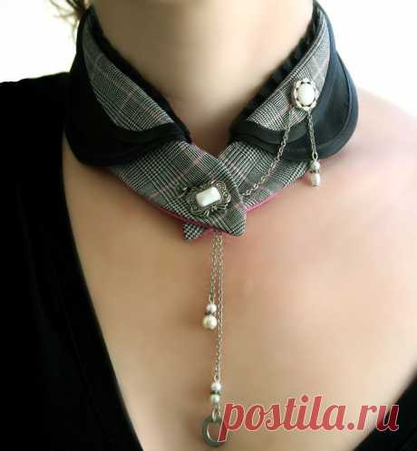 Alanis black Ivory plaid collar satin and dogtooth check fabric