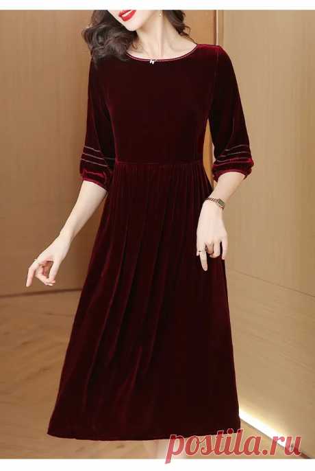Женское бархатное платье с длинным рукавом, однотонное свободное платье до колена с О-образным вырезом и большой талией, Осень-зима 2023 | AliExpress