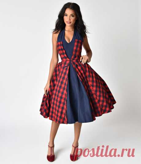 Pin Up Dresses | Pin Up Plaid Halter Margaret Swing Dress