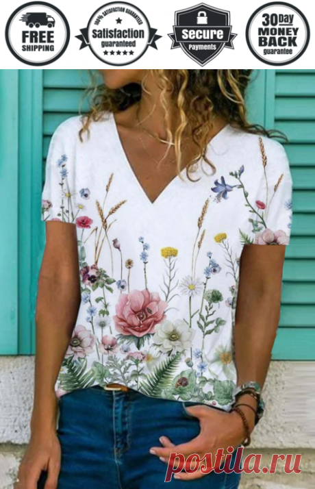 Floral Short Sleeve Printed Cotton-blend V neck Vintage Summer White T - Cicicloth