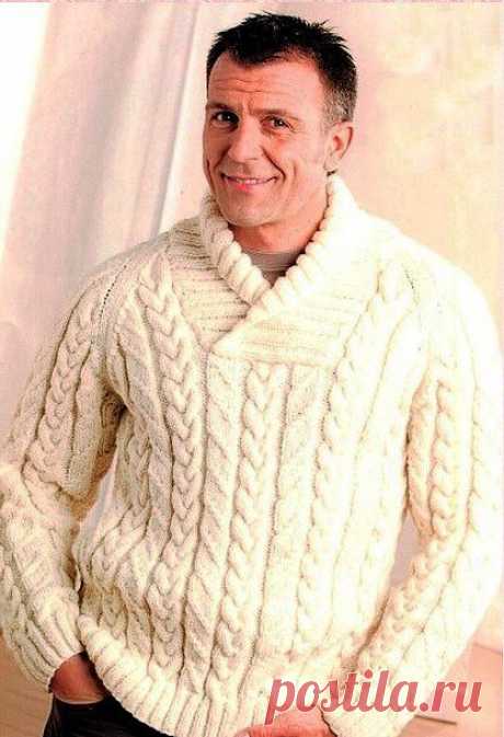 Вязаный пуловер с описанием для мужчин, воротник шалька