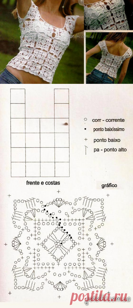 Простой, но красивый топ из квадратных мотивов. Схемы