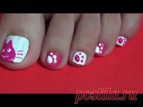 Easy Toe Nail Art Design Using A Toothpick - Cute Cat