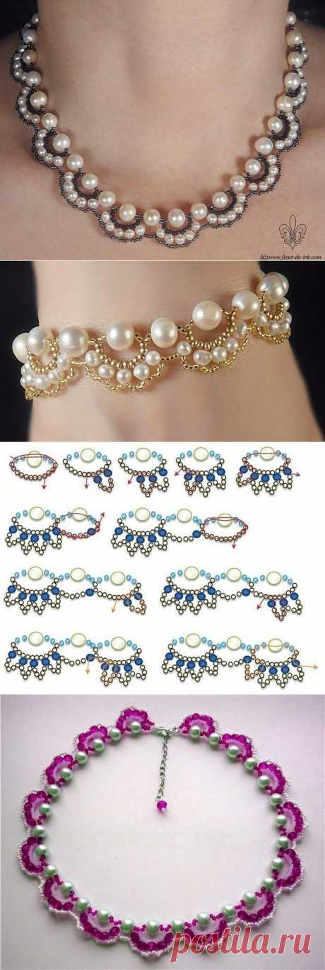 Схема плетения ожерелья или браслета с бусинами под жемчуг
