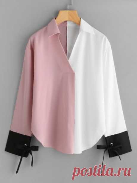 Color Block Contrast Cuff Tie Blouse -SheIn(Sheinside)