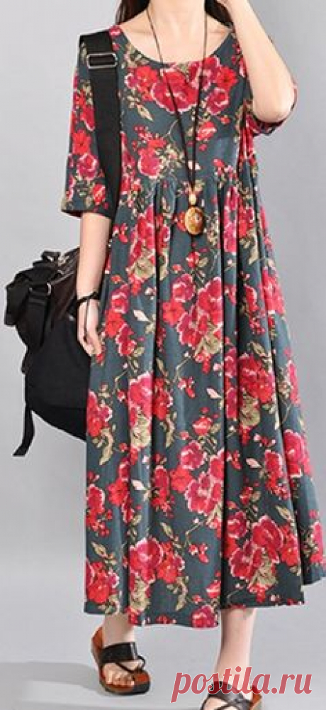 US$19.62 O-NEWE Vintage Flower Printed Short Sleeve Maxi Dress For Women