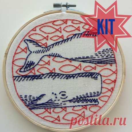Complete Embroidery Kit: "Deep Dive" whale, sperm whale, ocean, nautical, maritime, beach, fish, DIY The inspiration for Moby Dick, Sperm Whales can hold their breath for an hour and dive to more than 3,000 metres! In this pattern, these beautiful creatures are created using using four very basic stitches. Deep Dive is an excellent pattern for beginners. =&gt; Included in the kit: • pre-printed