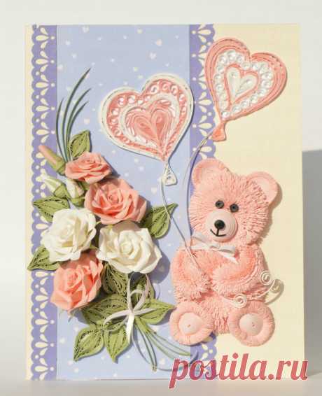 Adorable pink bear Valentine Quilling Card by QuillyVicky