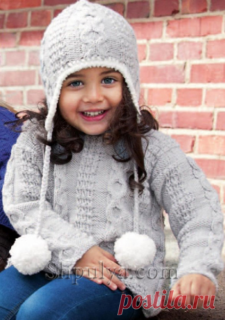 www.SHPULYA.com - Пуловер для девочки и шапка с ушками спицами