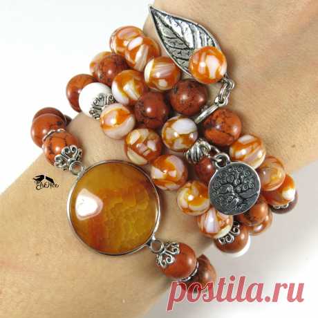 Купить Браслеты из натуральных камней &quot;Загадочное дерево&quot; . Оранжевый браслет - оранжевый браслет, бело-оранжевый