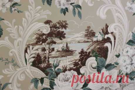 Scrolls and White Roses Scenic Beige Vintage Wallpaper