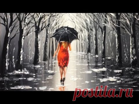 Lady with Black Umbrella Acrylic Painting