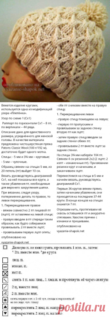 Женская креативная шапка плетенка спицами со схемой и описанием от Гретхен Трейси