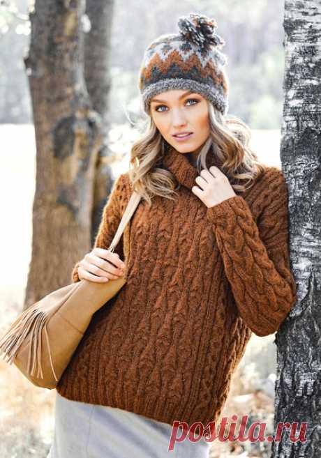 Свитер + шапка
#спицы #вязаный_свитер #свитер_спицами #вязаный_узор #узор_спицами

Вам потребуется: пряжа (62% шерсти беби альпака, 23% натуральной шерсти, 15% полиамида; 180 м/50 г) – для пуловера 450 (550) г коричневой; для шапки – по 50 г темно-зеленой, коричневой и светло-серой; пряжа (88% натуральной шерсти, 12% полиамида; 95 м/50 г) – для шапки 50 г серо-коричневой; для пуловера спицы № 4 и 5; для шапки 1 комплект чулочных спиц № 5,5.

Пуловер спицами

Размеры: 38/40...