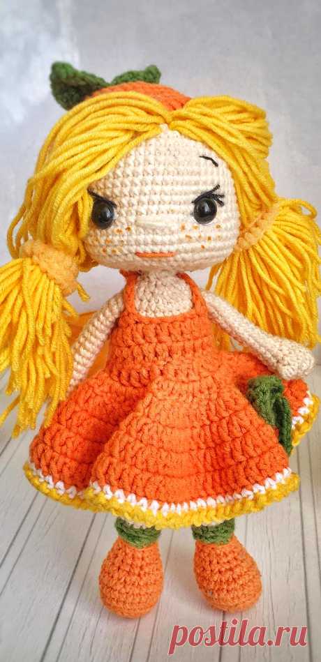 PDF Кукла Апельсинка крючком. FREE crochet pattern; Аmigurumi doll patterns. Амигуруми схемы и описания на русском. Вязаные игрушки и поделки своими руками #amimore - кукла в платье, куколка, девочка.