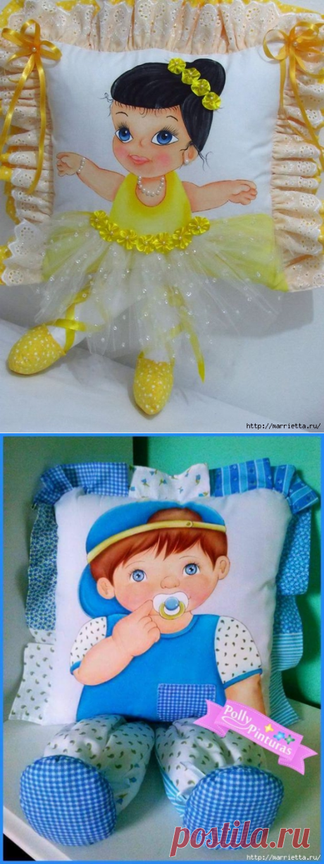Замечательные подушки-куклы, которые расписаны акриловой краской для текстиля
