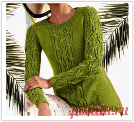 Элегантный зеленый джемпер с ажурными рукавами-реглан спицами! | Вязание для женщин спицами. Схемы вязания спицами