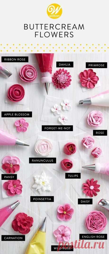 Learn how to make buttercream flowers for all your baking projects. Our post has some pinnable charts and a video tutorial to show you 10 easy techniques.