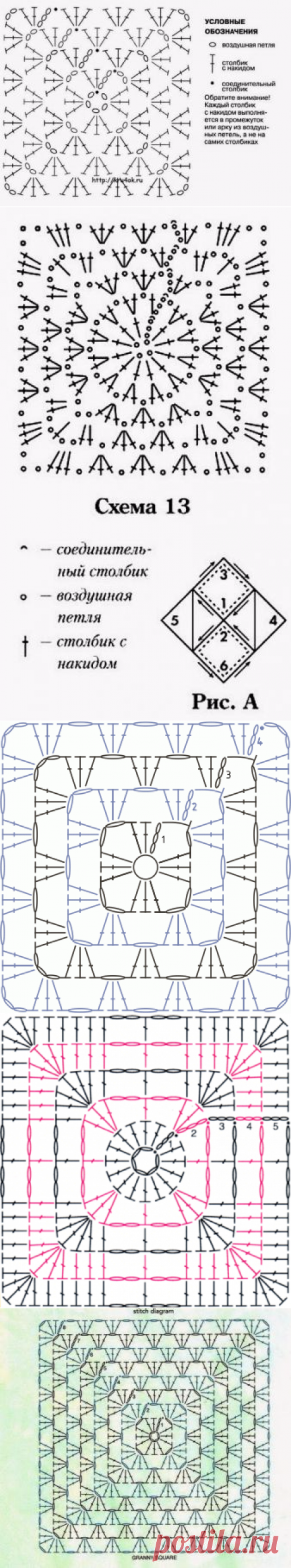 Схемы вязания "Бабушкиного квадрата"