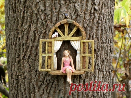 Miniature garden GIRL no wings - mini garden accessory - Girl sitting in miniature window, accessory for fairy garden This miniature widow with little sitting girl will be a lovely addition to your fairy garden or miniature garden. It can be hung from a tree stump or be free standing.  Made of resin. I have added a rustic screen mesh to the window. Comes with or without a tiny bird. Coloring and pose of the bird