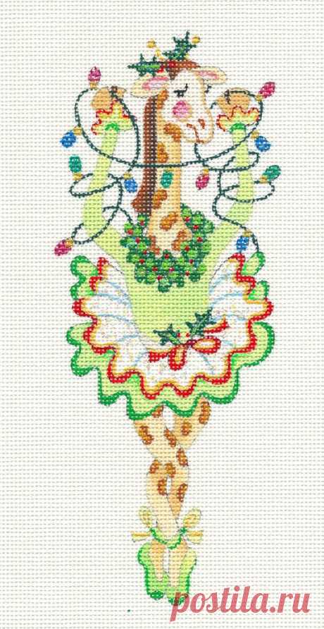 Canvas~Ballerina Giraffe hand painted on Needlepoint Canvas~ by Strictly Christmas Ballerina Giraffe wearing an adorable Tutu, a Christmas Wreath around her neck and a string of lights  ~  The canvas is hand painted on 18 mesh canvas.  The design is in sparkling Christmas colors and beautifully hand painted and Diamond Dusted. The hand painted canvas design is approx.  8" by 3"with surrounding backgr