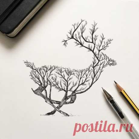 Перо и чернила рисунки деревьев Проращивание в животных Альфреда Баша | колоссальная