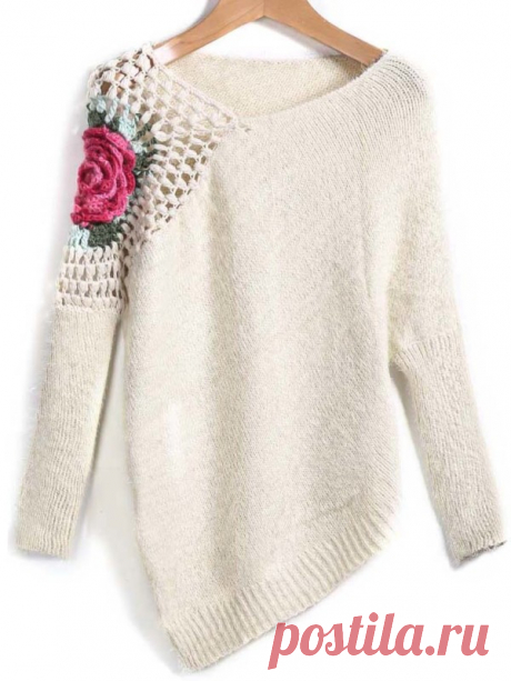 Apricot Round Neck Floral Crochet Loose Sweater -SheIn(Sheinside)