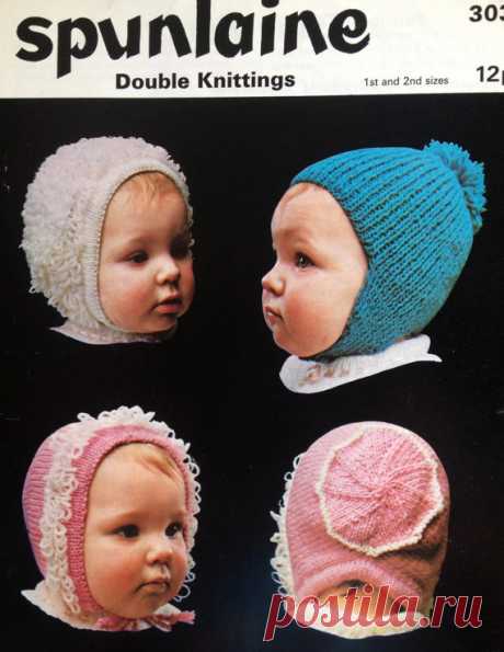 vintage knitting pattern PDF baby hats and bonnets loopy hats and pompom hat dk boys and girls This item is a PDF file of the knitting pattern for these gorgeous baby hats.    The pattern will be available for download upon receipt of payment, for you to print out or read from your computer.    The hats use dk yarn, and are given in 1st and 2nd sizes (29 and 33cm width around face).    So cute