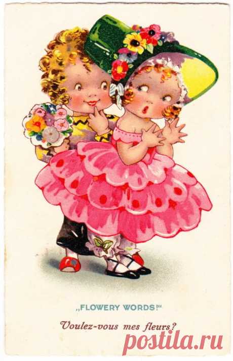 AGNES RICHARDSON Children Couple"Flowery Words!" Dolly-serie pc. posted 1931