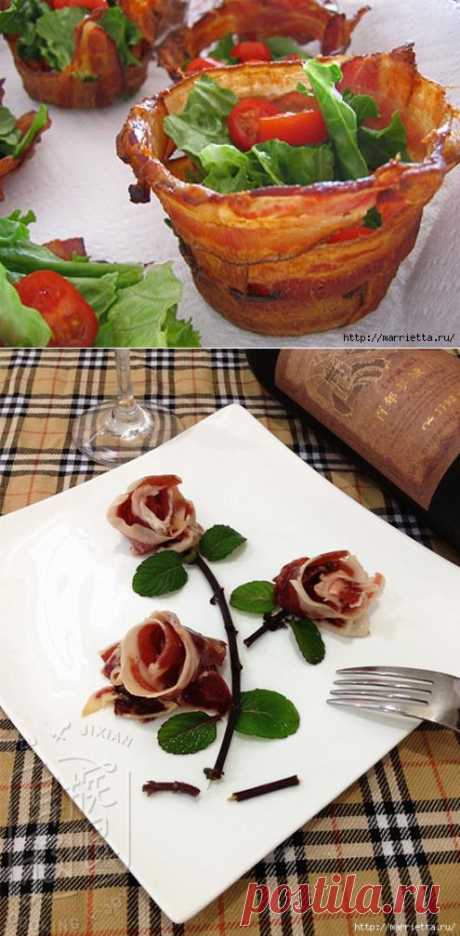 Розы и корзинки из ветчины, тюльпаны из помидоров и другие красивые вкусности.