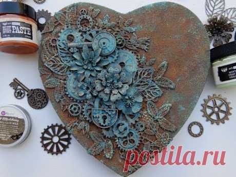 rusty heart mixed media canvas with rust and patina paste