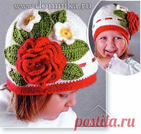 Детская вязаная шапка с цветком » Вязание крючком и спицами схемы и модели