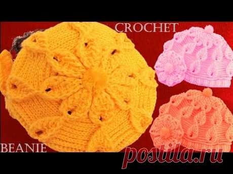 Como tejer a crochet o ganchillo gorro boina en punto de hojas y flores en alto relieve