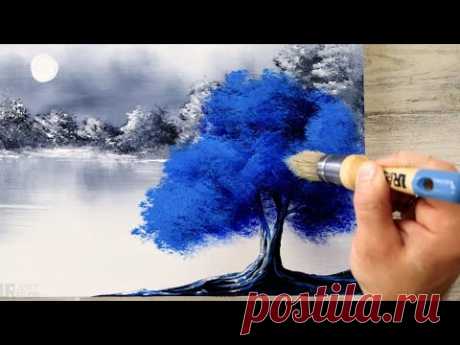 Blue Tree | Black and White Landscape | Easy Painting for Beginners | Abstract | Acrylics