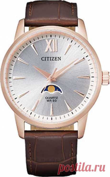 Часы Citizen AK5003-05A Мужские кварцевые часы. Калибр механизма Citizen 6324. Центральные часовая, минутная и секундная стрелки. Серебристый циферблат. Фазы Луны. Круглый корпус выполнен из нержавеющей стали с PVD покрытием цвета розового золота. Диаметр корпуса составляет 42 мм. Коричневый кожаный ремешок с тиснением под кожу аллигатора, стандартная застежка. Прочное минеральное стекло устойчивое к мелким механическим повреждениям. Водостойкость WR 50 (мытье рук, дождь).