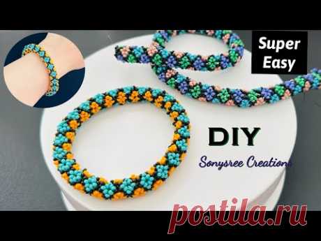 Tubular beaded Netted Bangle || Huichol beaded rope || DIY Beaded Bracelet || pulsera de cuentas