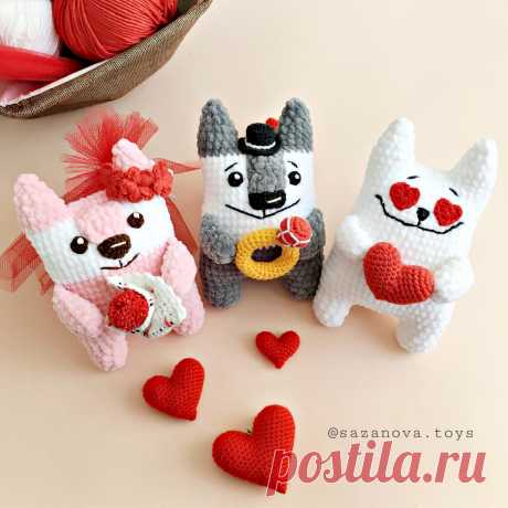 PDF Влюблённые крючком. FREE crochet pattern; Аmigurumi animal patterns. Амигуруми схемы и описания на русском. Вязаные игрушки и поделки своими руками #amimore - плюшевая лиса, кот и волк из плюшевой пряжи, волчонок и котик ко дню Всех Влюблённых, лисичка к 14 февраля, лисёнок и котёнок.