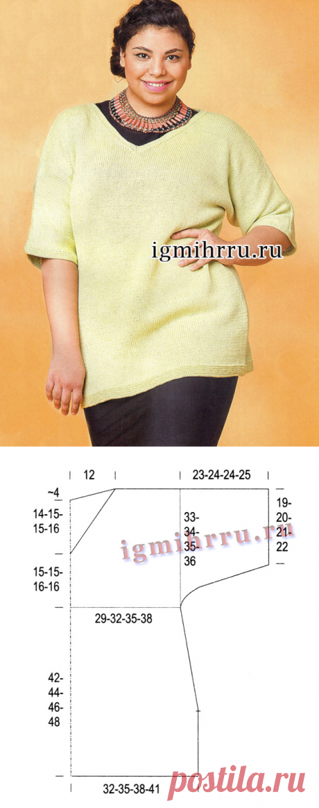 Для полных дам. Просто и удобно! Летняя туника цвета лайма. Вязание спицами